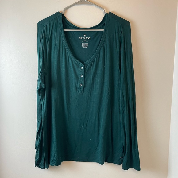 AE Soft & Sexy Long Sleeve Scoop Neck Henley, Forest Green, Size XL - Picture 1 of 4